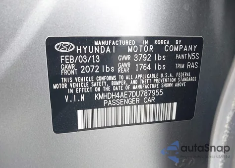 2013 Hyundai Elantra Gls z USA, uszkodzony, nr VIN KMHDH4AE7DU787955